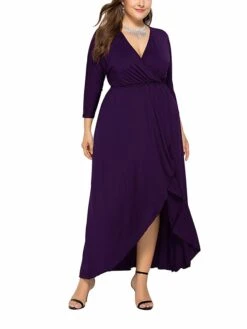 Women's Plus Size Work Dress Black Dress A Line Dress Fashion Long Dress Maxi Dress Ruched V Neck Long Sleeve Plain Loose Fit Black Wine Dark Green Fall XL XXL 3XL 4XL -HAYz Clothing Shop pyxzmf1693203511428