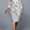 Women‘s Plus Size Curve Work Dress Sheath Dress Chiffon Dress Floral Midi Dress 3/4 Length Sleeve Fake Two Piece Print Crew Neck Fashion Office Gray Summer Spring L XL XXL 3XL 4XL