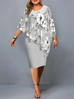 Women‘s Plus Size Curve Work Dress Sheath Dress Chiffon Dress Floral Midi Dress 3/4 Length Sleeve Fake Two Piece Print Crew Neck Fashion Office Gray Summer Spring L XL XXL 3XL 4XL