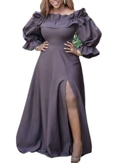 Women‘s Plus Size Curve Party Dress Solid Color Off Shoulder Split Long Sleeve Winter Fall Casual Prom Dress Maxi Long Dress Party Vacation Dress -HAYz Clothing Shop pzosww1631787795504