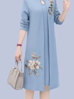 Women's Two Piece Dress Set Print Dress Outdoor Vacation Casual Print Midi Dress Stand Collar Long Sleeve Floral Loose Fit Pink Wine Blue Fall Winter XL XXL XXXL 4XL 5XL -HAYz Clothing Shop pzpczx1675853177162