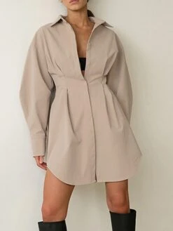 Women's Shirt Dress Casual Dress Mini Dress Outdoor Daily Date Polyester Fashion Basic Shirt Collar Button Long Sleeve Fall Winter 2023 Regular Fit Black White Brown Pure Color S M L -HAYz Clothing Shop pzrmwr1695644831937