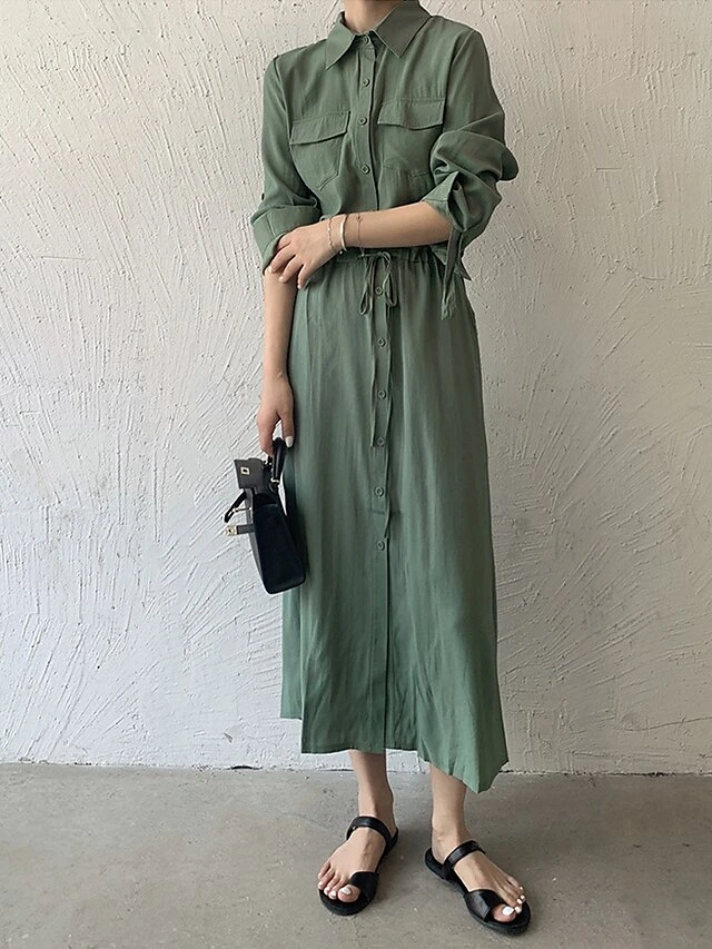 Women's Shirt Dress Casual Dress Maxi Long Dress Outdoor Daily Date Polyester Fashion Classic Shirt Collar Button Pocket Long Sleeve Fall Winter 2023 Loose Fit ArmyGreen Black Brown Pure Color S M L 3 Women's Shirt Dress Casual Dress Maxi Long Dress Outdoor Daily Date Polyester Fashion Classic Shirt Collar Button Pocket Long Sleeve Fall Winter 2023 Loose Fit ArmyGreen Black Brown Pure Color S M L - Image 3