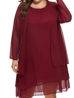 Women‘s Plus Size Curve Casual Dress Solid Color Crew Neck Mesh Long Sleeve Spring Fall Casual Knee Length Dress Daily Vacation Dress -HAYz Clothing Shop qanwky1652432918203
