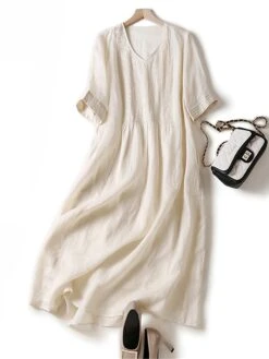 Women's Casual Dress Cotton Linen Dress Midi Dress Linen Basic Classic Outdoor Daily Vacation V Neck Pocket Half Sleeve Fall Autumn 2023 Loose Fit White Navy Blue Purple Plain M L XL 2XL -HAYz Clothing Shop qaoakd1693202599289