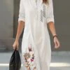 Women's Shirt Dress Casual Dress Cotton Linen Dress Midi Dress Polyester Fashion Casual Daily Outdoor Daily Vacation Crew Neck Button Print 3/4 Length Sleeve Spring Fall Autumn 2023 Loose Fit White