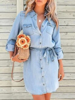 Women's Shirt Dress Casual Dress Mini Dress Outdoor Daily Denim Fashion Modern Shirt Collar Lace Up Button Long Sleeve Fall Winter 2023 Loose Fit Navy Blue Blue Pure Color S M L XL