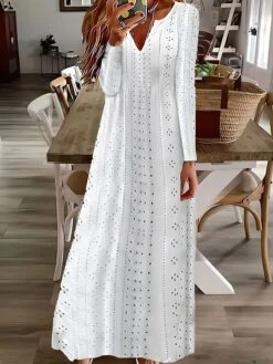 Women's Casual Dress Cotton Linen Dress Swing Dress Maxi Long Dress Polyester Basic Classic Outdoor Daily Vacation Split Neck Eyelet Long Sleeve Summer Spring Fall 2023 Regular Fit Black White Pink