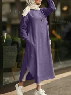 Women's Casual Dress Cotton Linen Dress Abaya Maxi Long Dress Linen / Cotton Blend Classic Casual Outdoor Daily Vacation Crew Neck Pocket Split Long Sleeve Spring Fall Winter 2023 Loose Fit ArmyGreen -HAYz Clothing Shop qbeaay1692340973225