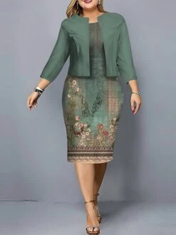 Women's Plus Size Curve Casual Dress Dress Set Two Piece Dress Floral Geometric Midi Dress Long Sleeve Print Crew Neck Fashion Outdoor Light Green Blue Fall Winter L XL XXL 3XL 4XL -HAYz Clothing Shop qbeyad1695808192258