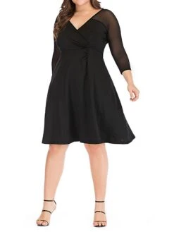 Women‘s Plus Size Curve Work Dress Black Dress Semi Formal Dress Fashion Midi Dress Mesh V Neck 3/4 Length Sleeve Plain Loose Fit Black Spring Fall XL XXL 3XL 4XL 5XL