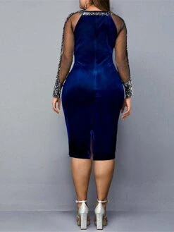 Women‘s Plus Size Curve Work Dress Sheath Dress Solid Color Midi Dress Long Sleeve Mesh Patchwork Crew Neck Fashion Outdoor Black Blue Spring Summer XL XXL 3XL 4XL 5XL -HAYz Clothing Shop qbnbyp1672801022196