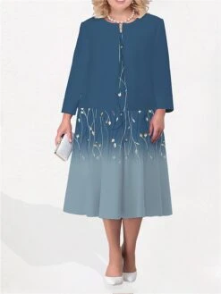 Women's Plus Size Curve Two Piece Dress Set Casual Dress Swing Dress Outdoor Office Fashion Streetwear Print Midi Dress Crew Neck Long Sleeve Floral Ombre Blue Purple Green Fall Winter L XL XXL