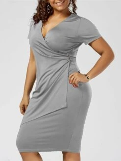Women‘s Plus Size Curve Work Dress Solid Color V Neck Ruched Short Sleeve Summer Spring Work Knee Length Dress Work Vacation Dress -HAYz Clothing Shop qbqcyj1659091101431