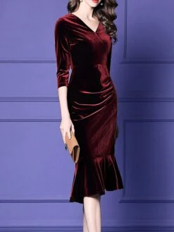 Women's Plus Size Curve Party Dress Velvet Dress Winter Dress Solid Color Midi Dress Long Sleeve Ruched V Neck Fashion Party Black Wine Fall Winter L XL XXL 3XL 4XL -HAYz Clothing Shop qbxbof1694576156317