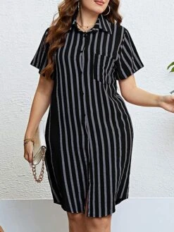 Women‘s Plus Size Curve Shirt Dress Casual Dress Shift Dress Midi Dress Outdoor Daily Vacation Polyester Fashion Modern Shirt Collar Button Pocket Short Sleeve Summer Spring 2023 Regular Fit -HAYz Clothing Shop qbxekx1691465817835