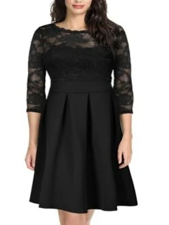 Women‘s Plus Size Curve Party Dress Solid Color Crew Neck Lace 3/4 Length Sleeve Spring Fall Elegant Prom Dress Mature Knee Length Dress Formal Party Dress -HAYz Clothing Shop qbxjiu1634542477254