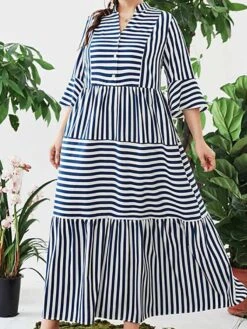 Women's Shirt Dress Casual Dress Maxi Long Dress Outdoor Daily Date Cotton Polyester Fashion Basic Stand Collar Patchwork Button Long Sleeve Fall 2023 Loose Fit Blue Striped L XL 2XL 3XL 4XL -HAYz Clothing Shop qbzulc1693452914861