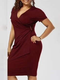 Women‘s Plus Size Curve Work Dress Solid Color V Neck Ruched Short Sleeve Summer Spring Work Knee Length Dress Work Vacation Dress -HAYz Clothing Shop qcffxk1659091100638