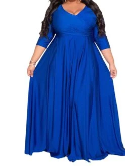Women‘s Plus Size Curve Party Dress Solid Color V Neck Ruched Long Sleeve Winter Fall Stylish Elegant Maxi Long Dress Formal Party Dress -HAYz Clothing Shop qchiax1661850484085