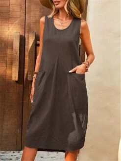 Women's Casual Dress Cotton Linen Dress Tank Dress Midi Dress Cotton Blend Basic Classic Outdoor Daily U Neck Pocket Sleeveless Summer Spring 2023 Loose Fit Navy Blue Blue Brown Plain S M L XL 2XL -HAYz Clothing Shop qclhky1689916775947