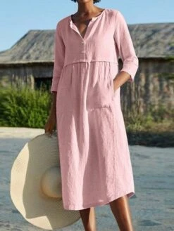 Women's Cotton Linen Dress Shift Dress A Line Dress Maxi Long Dress Linen Cotton Blend Hot Casual Daily Vacation Shirt Collar Pocket 3/4 Length Sleeve Summer Spring Linen Loose Fit Black Pink Wine