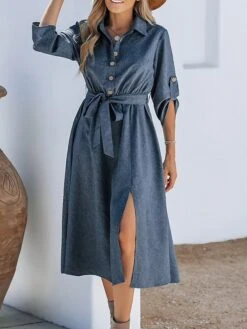Women's Shirt Dress Casual Dress Midi Dress Outdoor Daily Date Polyester Basic Classic Shirt Collar Lace Up Button Long Sleeve Spring Fall Winter 2023 Loose Fit Navy Blue Pure Color S M L XL