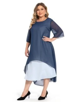 Women‘s Plus Size Curve Casual Dress Work Dress Chiffon Dress Plain Long Dress Maxi Dress Half Sleeve Layered Plus High Low Crew Neck Elegant Outdoor Blue Summer Spring L XL XXL 3XL 4XL -HAYz Clothing Shop qcsrbp1694771027144