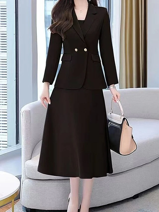 Women's Two Piece Dress Set Work Dress Skirt Set Formal Office Streetwear Elegant Button Pocket Midi Dress Shirt Collar Long Sleeve Plain Regular Fit Black Purple Beige Fall Winter M L XL XXL 3XL 8 Women's Two Piece Dress Set Work Dress Skirt Set Formal Office Streetwear Elegant Button Pocket Midi Dress Shirt Collar Long Sleeve Plain Regular Fit Black Purple Beige Fall Winter M L XL XXL 3XL - Image 8
