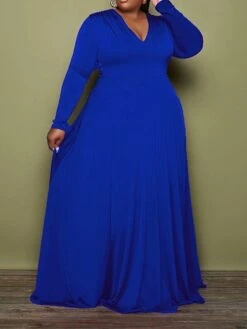 Women‘s Plus Size Curve Party Dress Solid Color V Neck Long Sleeve Winter Fall Elegant Maxi Long Dress Formal Party Dress -HAYz Clothing Shop qcyubm1643192586785