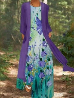 Women's Casual Dress Dress Set Two Piece Dress Long Dress Maxi Dress Blue Purple Long Sleeve Floral Print Summer Spring Crew Neck Vacation Winter Dress Fall Dress Loose Fit 2023 M L XL XXL 3XL 4XL 5XL