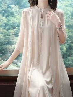 Women's Two Piece Dress Set Casual Dress Chiffon Dress Daily Holiday Fashion Streetwear Layered Midi Dress Stand Collar 3/4 Length Sleeve Plain Regular Fit White Beige Fall Winter M L XL XXL 3XL -HAYz Clothing Shop qdkvdy1697524673394