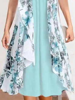 Women's Two Piece Dress Set Casual Dress Chiffon Dress Daily Holiday Fashion Modern Print Midi Dress Crew Neck Short Sleeve Floral Regular Fit Blue Summer Spring S M L XL XXL -HAYz Clothing Shop qdmopw1681727714490