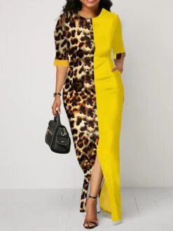 Women‘s Plus Size Curve Work Dress Print Crew Neck Split Half Sleeve Spring Fall Stylish Elegant Maxi Long Dress Formal Work Dress -HAYz Clothing Shop qdyeef1628856862388