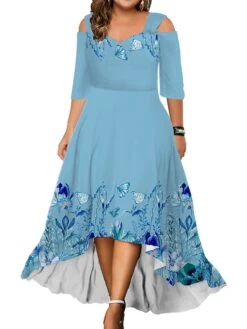 Women‘s Plus Size Curve Party Dress Wedding Guest Dress Swing Dress Long Dress Maxi Dress Pink Blue Green 3/4 Length Sleeve Floral Cold Shoulder Summer Spring Fall V Neck Fashion Birthday -HAYz Clothing Shop qdyrzq1690280938925