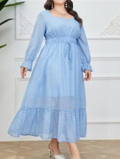 Women's Plus Size Prom Dress Party Dress Corset Dress Long Dress Maxi Dress Light Blue Long Sleeve Pure Color Drawstring Fall Winter Autumn Square Neck Fashion Winter Dress Evening Party Wedding Guest -HAYz Clothing Shop qebeyu1693535310744