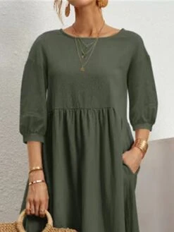 Women's Casual Dress Cotton Linen Dress Swing Dress Maxi Long Dress Cotton Blend Casual Daily Holiday Vacation Crew Neck Ruched Pocket 3/4 Length Sleeve Summer Spring 2023 Regular Fit Dark Green Dark -HAYz Clothing Shop qejydn1657350932720