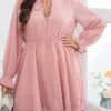 Women's Plus Size Party Dress Wedding Guest Dress Pink Dress Mini Dress Pink Long Sleeve Pure Color Lace Up Spring Fall Winter V Neck Fashion Winter Dress Evening Party Wedding Guest 2023 XL XXL 3XL