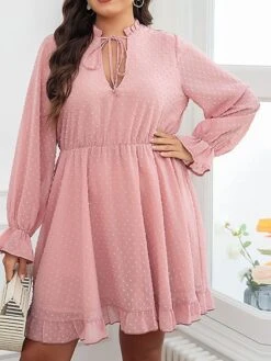 Women's Plus Size Party Dress Wedding Guest Dress Pink Dress Mini Dress Pink Long Sleeve Pure Color Lace Up Spring Fall Winter V Neck Fashion Winter Dress Evening Party Wedding Guest 2023 XL XXL 3XL