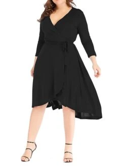 Women‘s Plus Size Curve Work Dress Semi Formal Dress Wrap Dress Fashion Midi Dress Lace Up V Neck Long Sleeve Plain Regular Fit Black Blue Spring Fall XL XXL 3XL 4XL 5XL -HAYz Clothing Shop qeoeae1691402323479