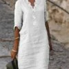 Women's Cotton Linen Dress Casual Dress Shift Dress Mini Dress Cotton Blend Basic Classic Outdoor Daily Vacation V Neck Ruffle Basic Half Sleeve Summer Spring Fall 2023 Regular Fit White Plain S M L