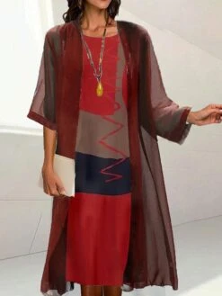 Women's Two Piece Dress Set Casual Dress Print Dress Outdoor Daily Fashion Elegant Print Midi Dress Crew Neck 3/4 Length Sleeve Floral Geometric Regular Fit Black Red Blue Summer Spring S M L XL XXL