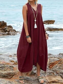 Women's Casual Dress Cotton Dress Swing Dress Maxi Long Dress Cotton Blend Basic Classic Outdoor Daily V Neck Pocket Sleeveless Summer Spring 2023 Regular Fit Black Wine Khaki Plain S M L XL 2XL -HAYz Clothing Shop qezdfn1686713212789