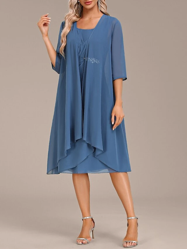 Women's Two Piece Dress Set Party Dress Chiffon Dress Party Wedding Guest Fashion Elegant Ruffle Midi Dress Crew Neck 3/4 Length Sleeve Plain Loose Fit Blue Fall Winter S M L XL XXL 5 Women's Two Piece Dress Set Party Dress Chiffon Dress Party Wedding Guest Fashion Elegant Ruffle Midi Dress Crew Neck 3/4 Length Sleeve Plain Loose Fit Blue Fall Winter S M L XL XXL - Image 5