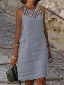 Women's Casual Dress Cotton Linen Dress Shift Dress Mini Dress Cotton Blend Modern Casual Outdoor Daily Vacation Halter Ruched Hollow Out Sleeveless Summer Spring 2023 Regular Fit Black White Blue -HAYz Clothing Shop qfgkog1680261160213