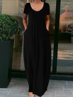 Women's Casual Dress Cotton Linen Dress Long Dress Maxi Dress Polyester Basic Daily Going Out Weekend Crew Neck Short Sleeve Summer Spring 2023 Regular Fit Fluorescent Green Black Yellow Pure Color S -HAYz Clothing Shop qfjukv1630665978430