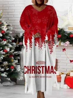 Women‘s Plus Size Christmas Dress Santa Claus V Neck Long Sleeve Winter Fall Modern Maxi Long Dress Daily Dress -HAYz Clothing Shop qfsqxk1668158264792