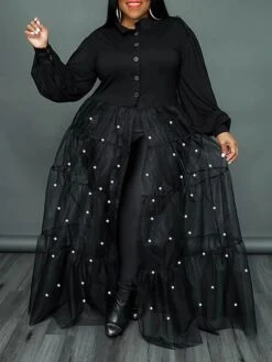 Women‘s Plus Size Curve Flattering Dresses Elegant Apple Shaped Dress Wedding Guest Casual Dress Swing Dress Polka Dot Long Dress Maxi Dress Long Sleeve Mesh Stand Collar Basic Daily Spring Summer