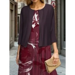 Women's Two Piece Dress Set Casual Dress Swing Dress Outdoor Office Fashion Streetwear Print Midi Dress Crew Neck 3/4 Length Sleeve Floral Regular Fit Wine Purple Fall Winter S M L XL XXL -HAYz Clothing Shop qfyrnp1695644978387