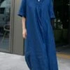 Women's Casual Dress Cotton Linen Dress Swing Dress Maxi Long Dress Cotton Blend Basic Casual Outdoor Daily V Neck Pocket 3/4 Length Sleeve Summer Spring Fall 2023 Loose Fit Blue Green Apricot Plain